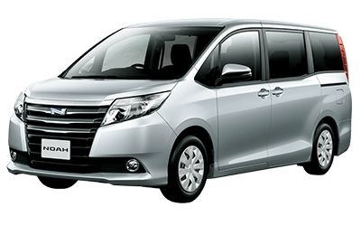 Silver minivan or station wagon rental car. Toyota Noah.